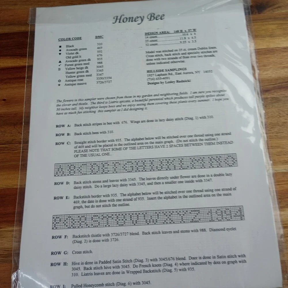 Hillside Samplings Honey Bee‎ Lesley Rudnicki Cross Stitch Pattern Chart ONLY!!